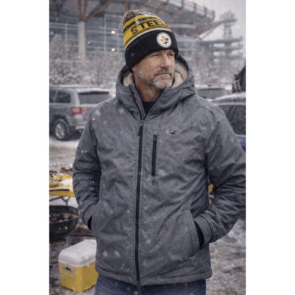 Hollister Mens Sherpa Lined All Weather Jacket Gray Size S Hooded Zip Front‎
